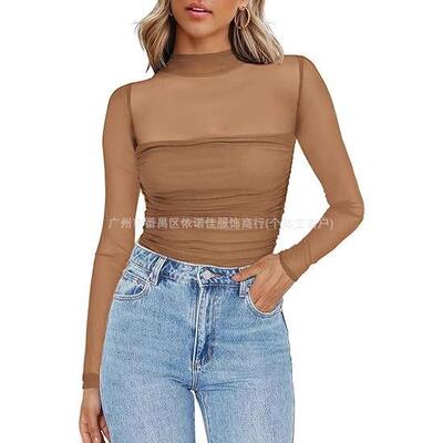 Women Mesh Sheer Sleeve Ruched Womenswear Casual Sexy Fitted
