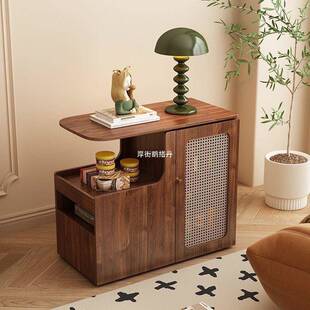 全实木沙发边几可移动侧面边柜小户型客厅家用中古旋转置物茶水柜
