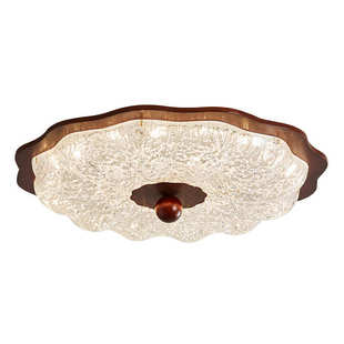 中古轻奢胡桃色卧室树脂吸顶灯实木荷叶美式 主卧餐厅灯具 复古法式