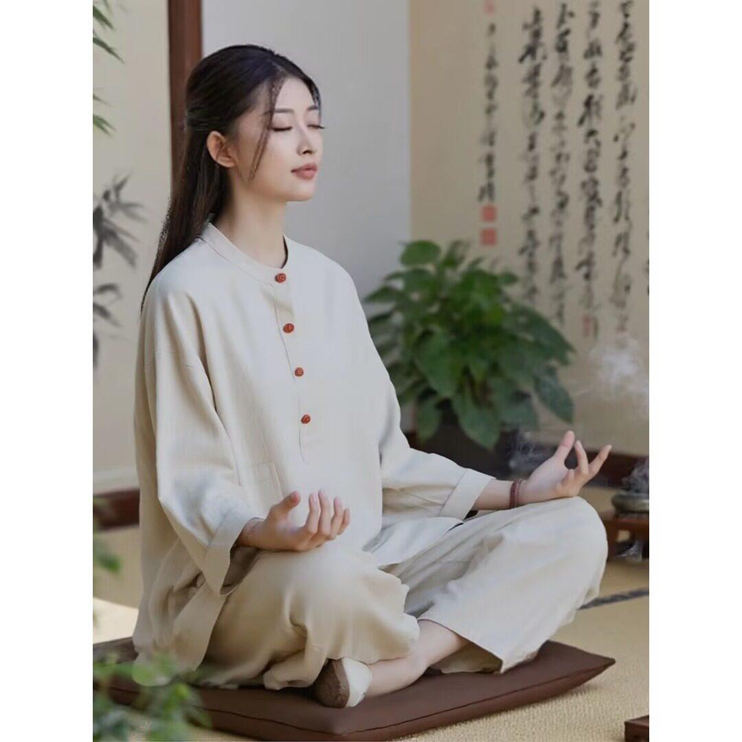 极速中国风佛系禅意打坐素衣居士服新中式太极表演宽松休闲棉麻茶