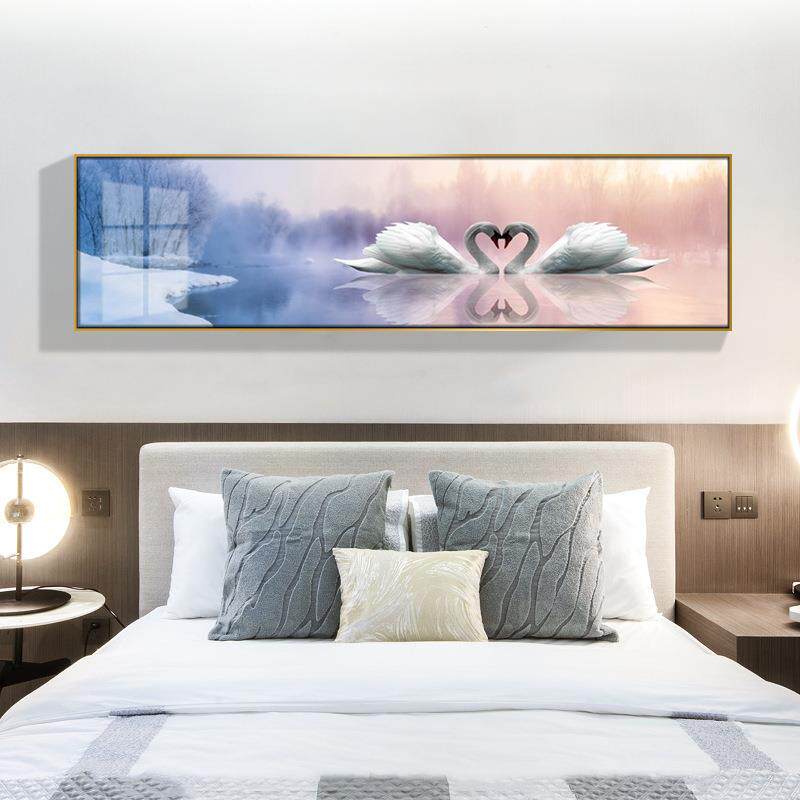 白头偕老卧室床头画现代简约白天鹅房间装饰画温馨横版晶瓷画挂画