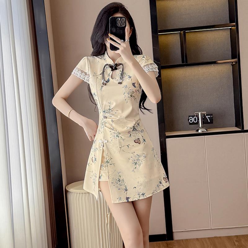 高端女装国风短袖性感旗袍制服按摩工装技师衣服花色洋装+短裤