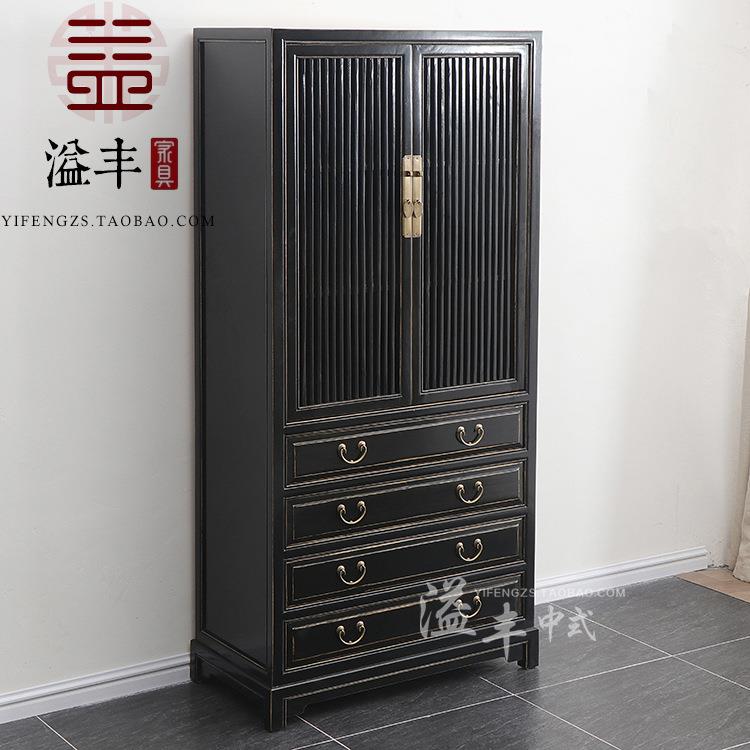 现代新中式仿古装饰柜榆木黑色磨边梳子书柜/全实木衣柜立柜