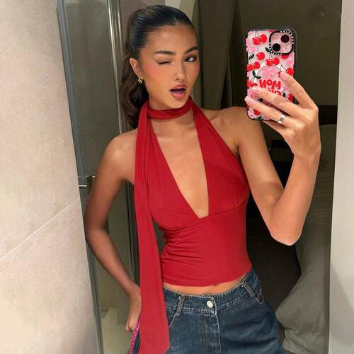 Women Halter Neck Top Black Deep V Neck Sleeveless Tank Sexy