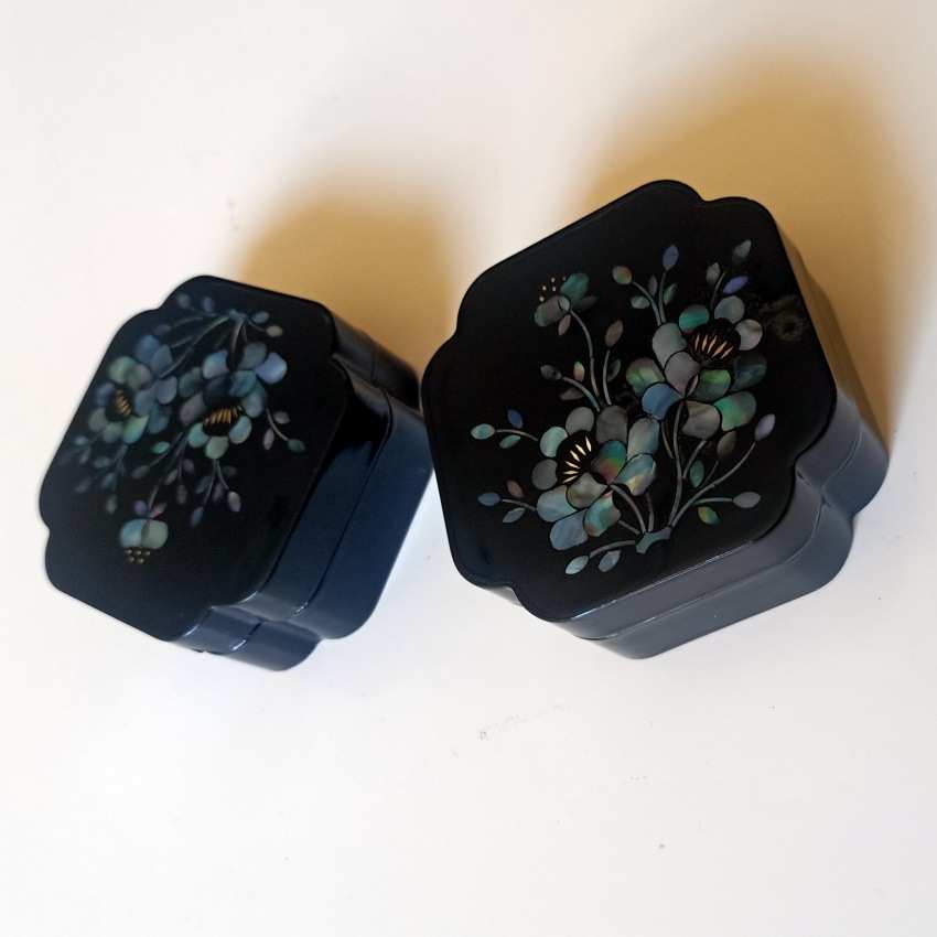 漆器螺钿盒贝壳镶嵌68角方形盒圆形螺钿黑漆底盒复古饰品树脂漆盒