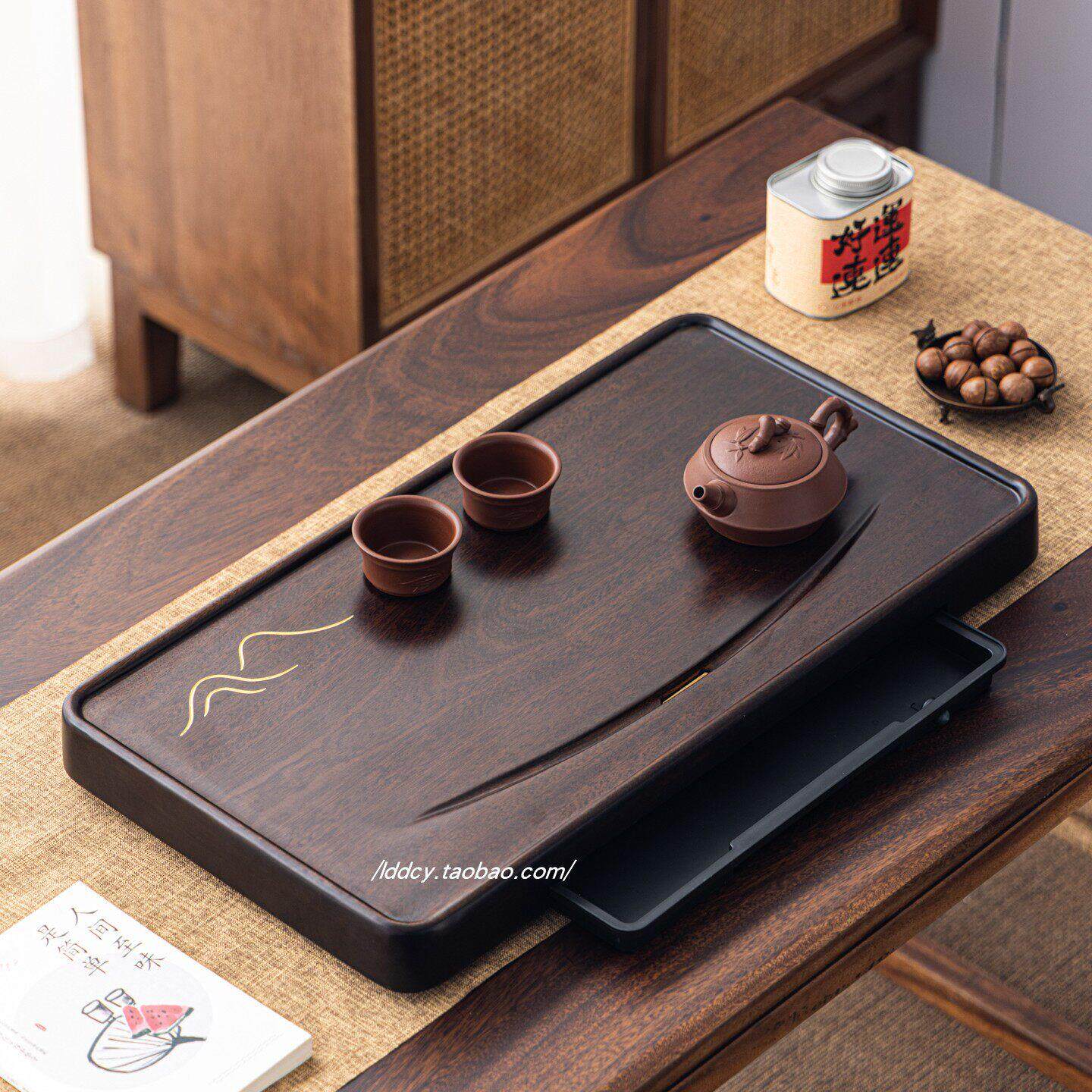 实木茶盘整块乌黑檀木新中式家用茶具茶海现代储水式干湿两用茶台