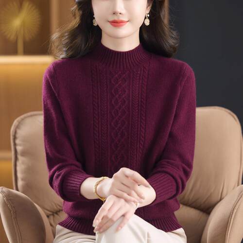 时尚洋气妈妈冬装双股加厚%纯羊绒毛衣中老年女装半高领打底衫