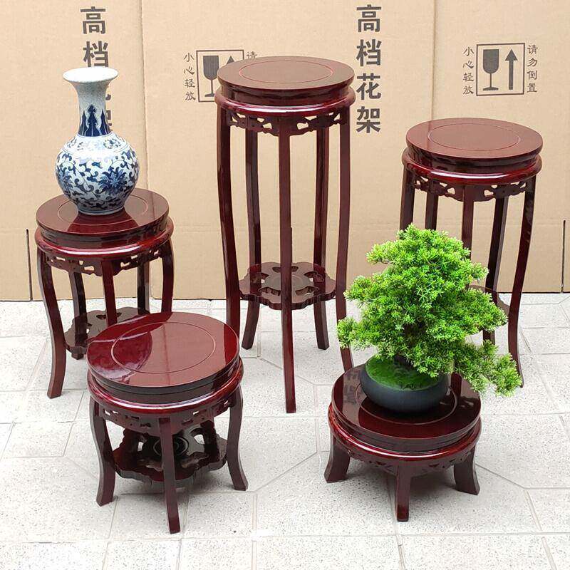 花架实木中式客厅落地圆形仿古阳台置物架木质家用室内花盆景架子