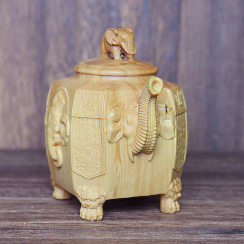 小叶黄杨木雕象头神壶手把件象鼻财神茶壶摆设木质茶宠工艺品批发