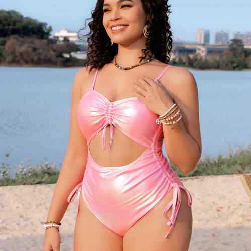 Plus Size Plain Drawstring Ruched Cut Out One-piece Swimsuit