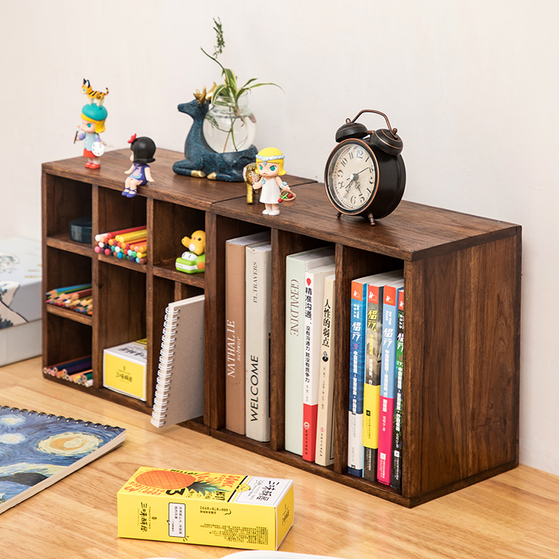 异丽实木桌面收纳柜复古书架木质手帐书本收纳架书桌办公桌置物架