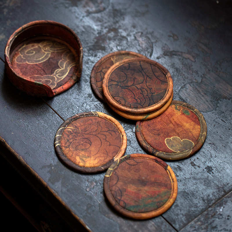 功夫配件隔热杯垫中式茶道手工杯托缎面古风印花垫壶垫复茶具竹编