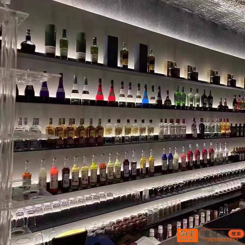 铝合金酒架置物架内置发光LED带灯隔板层板挂墙上金属酒吧台酒柜