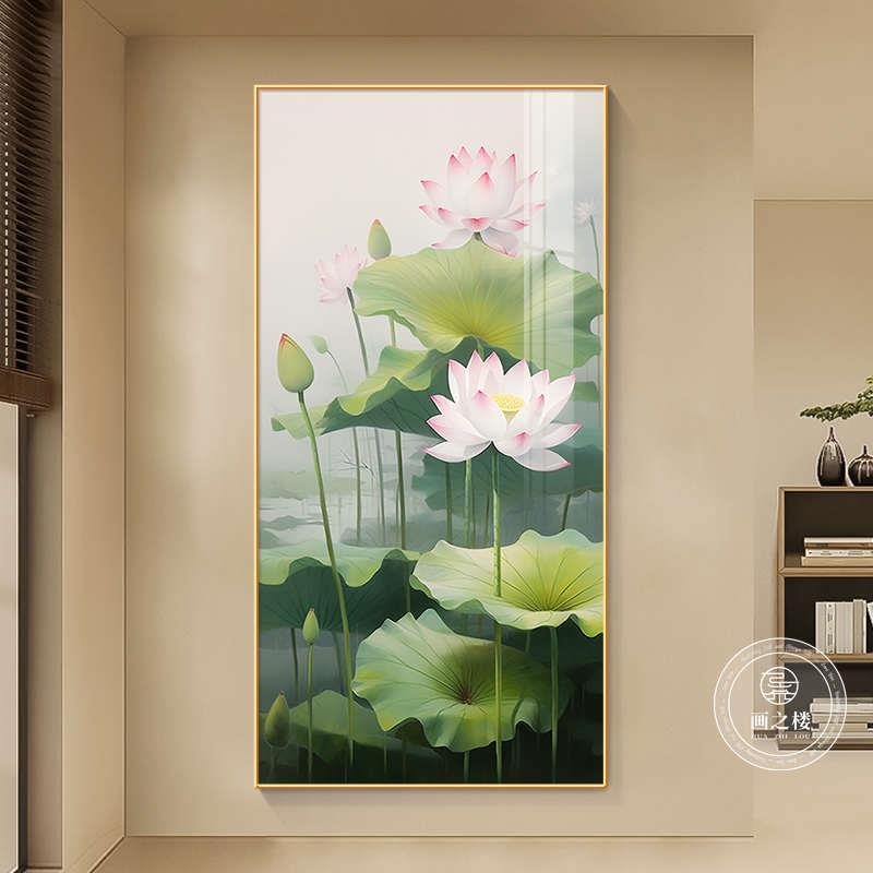 现代简约客厅装饰画荷花禅意玄关壁画和气生财寓意好走廊尽头挂画