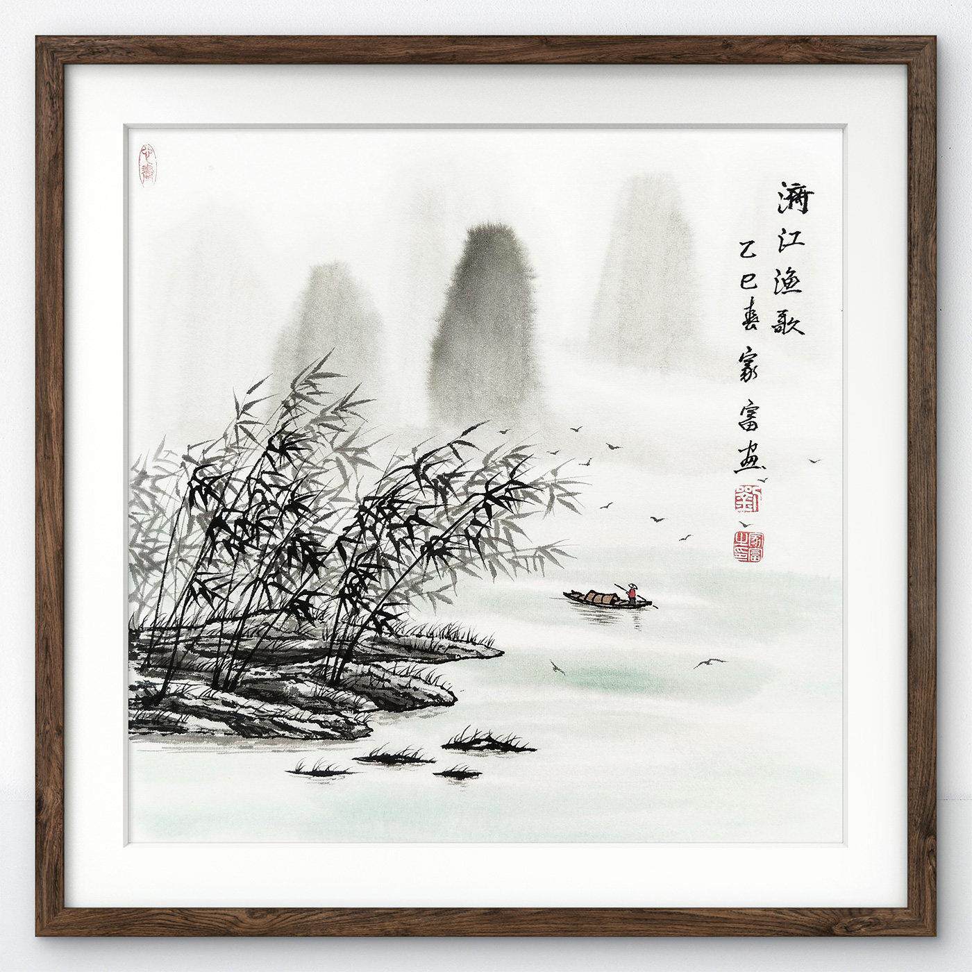 漓江渔歌图 国画漓江山水画原创纯手绘客厅茶室玄关带框装饰画