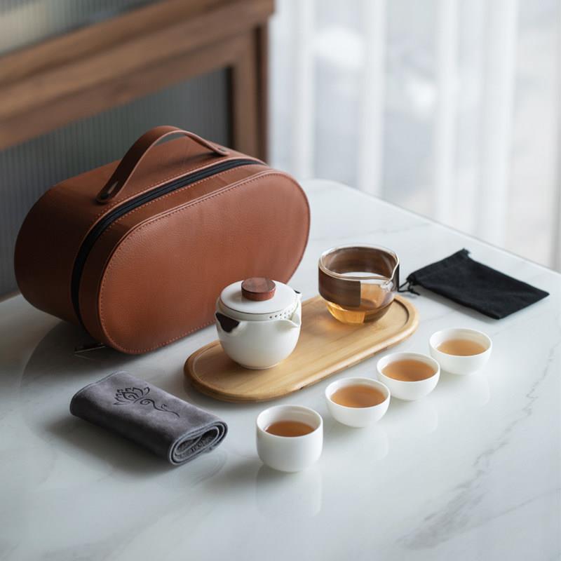 羊脂玉快客杯可携式旅行茶具套组手提包户外喝茶中式简约茶具定制