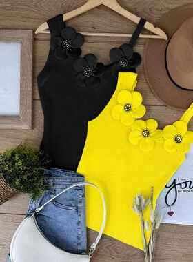 2 Piece Women'S Solid 3D Flower Tank Top Asymmetrical Neck