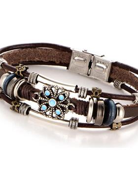 Vintage flower Turquoise mens Leather Bracelet绿松石皮手炼
