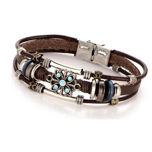 Vintage flower Turquoise mens Leather Bracelet绿松石皮手炼