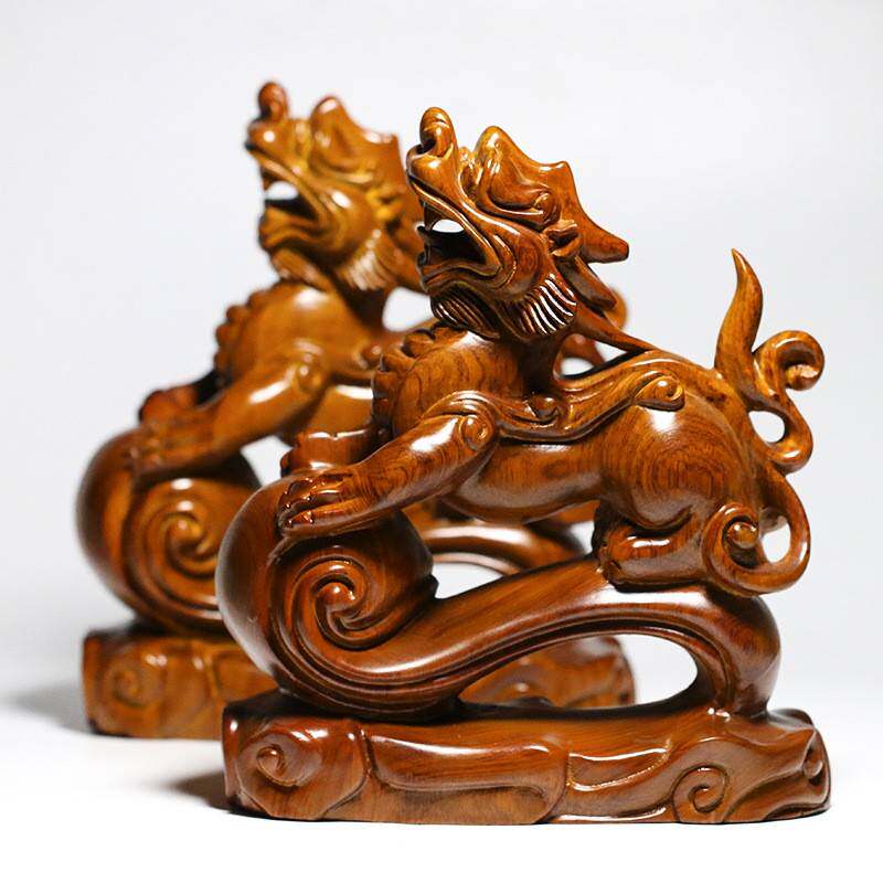 双麒麟献瑞 非洲花梨木整料雕 家居摆件木质工艺品木制吉祥