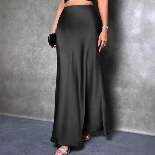 Solid High Waist Satin Flared Skirt Elegant Fashion Long