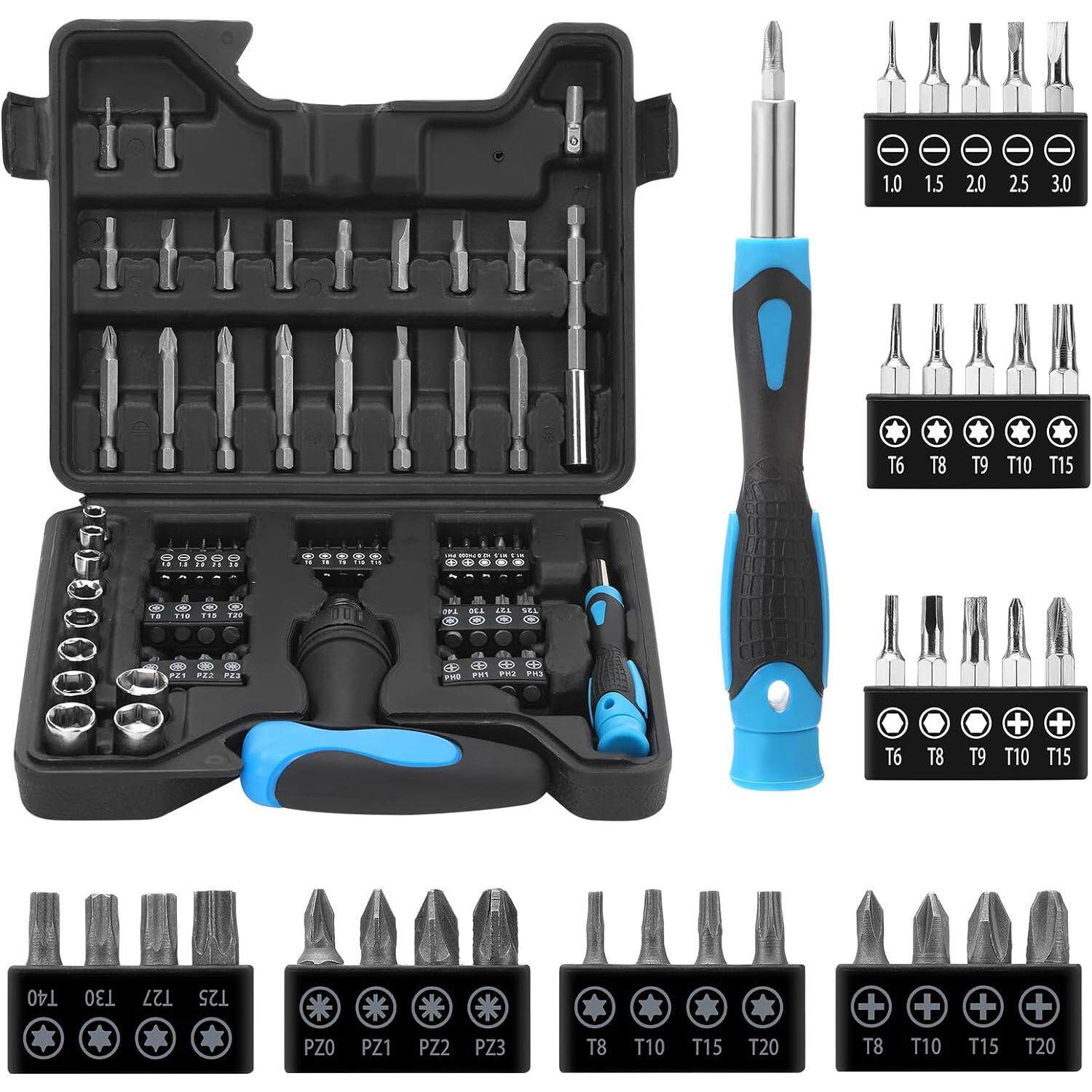 热销63件套棘轮扳手多功能螺丝刀一字十字梅花六角手柄铬钒钢材质