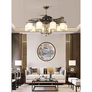 新中式 家用客厅别墅灯具全铜隐形风扇灯 风扇吊灯客厅灯2022年新款