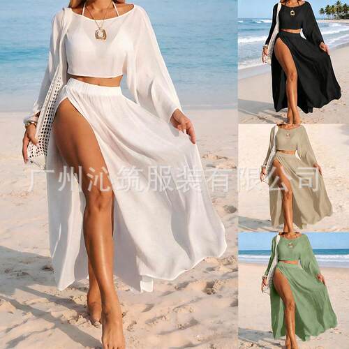 Women's Summer Beach Cover-Up Set, 2-Piece Plain Short Top a