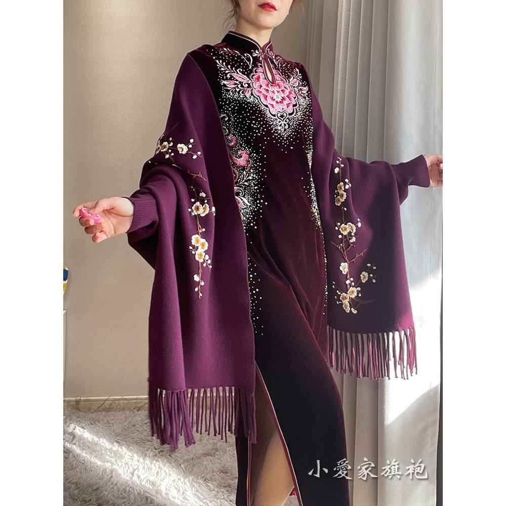 冬季加厚紫色披搭配旗袍礼肩服长裙子妈SHC妈婚礼外搭古袖流苏复
