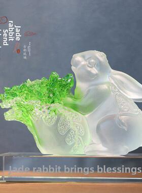 琉璃兔子摆件白菜百财乔迁新居礼品客厅桌面玄关装饰品生日礼物