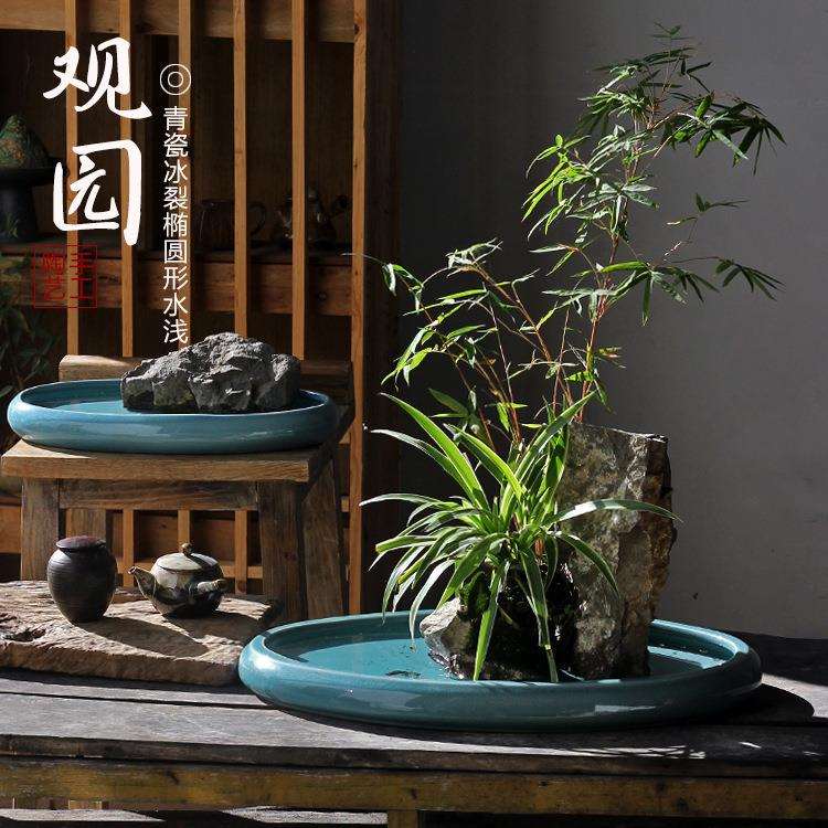 陶瓷冰裂大口径浅拼盘米竹菖蒲多肉古典造景枯山水景酒店桌面花盆