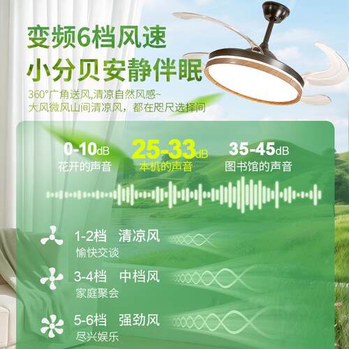 复古隐形风扇灯客厅主灯吊扇灯全光谱胡桃木色餐厅卧室电扇灯