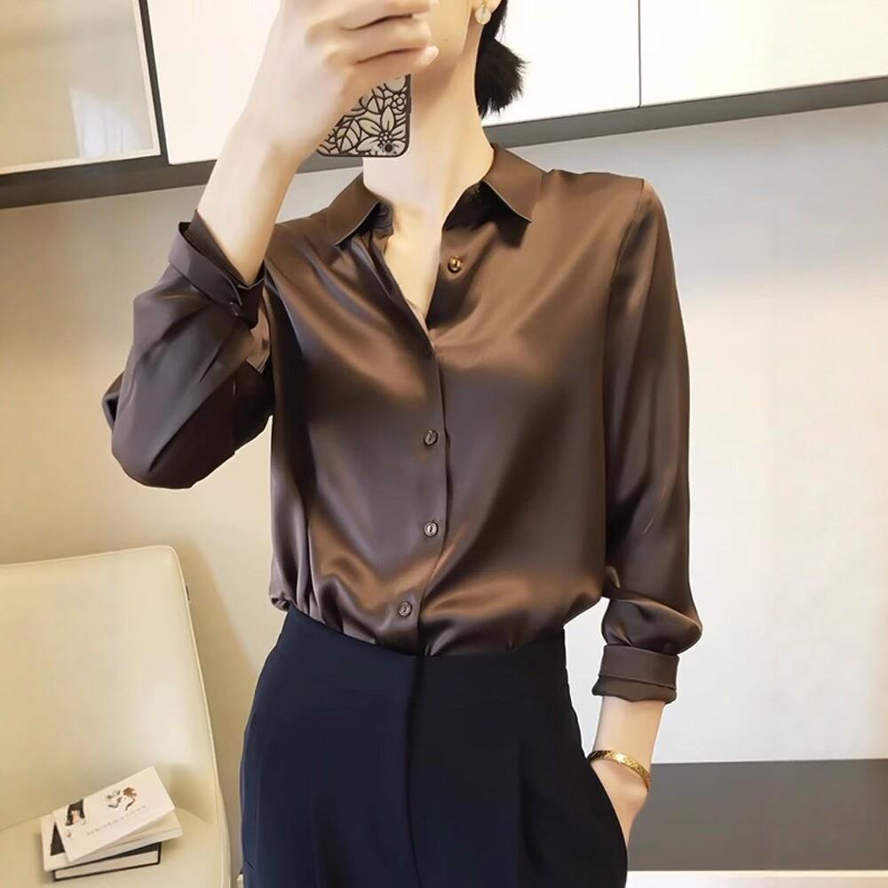 醋酸真丝缎面衬衫女长袖春季2026新款时尚宽松桑蚕丝正肩衬衣上衣