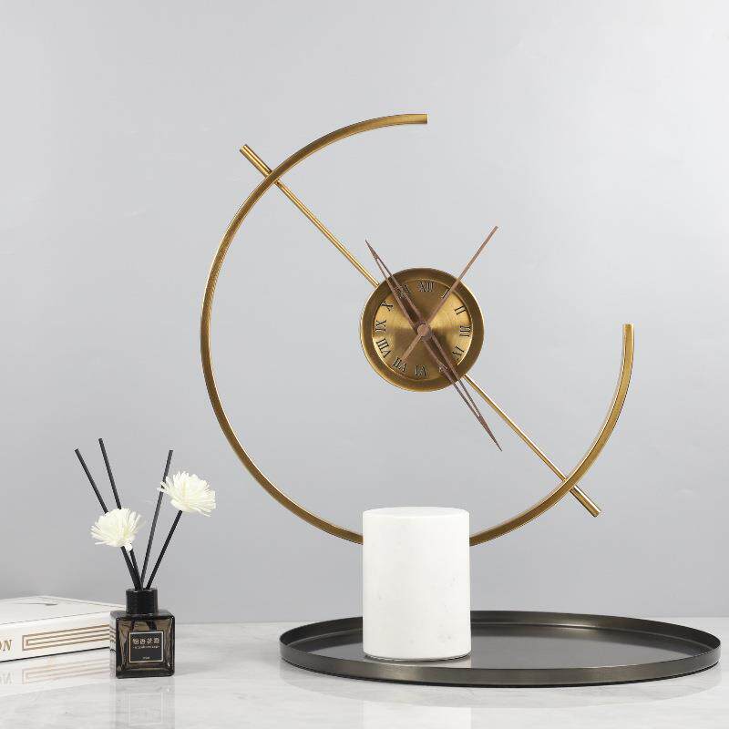 现代简约几何大理石金属钟表座钟装饰摆件玄关书房客厅家居装饰品