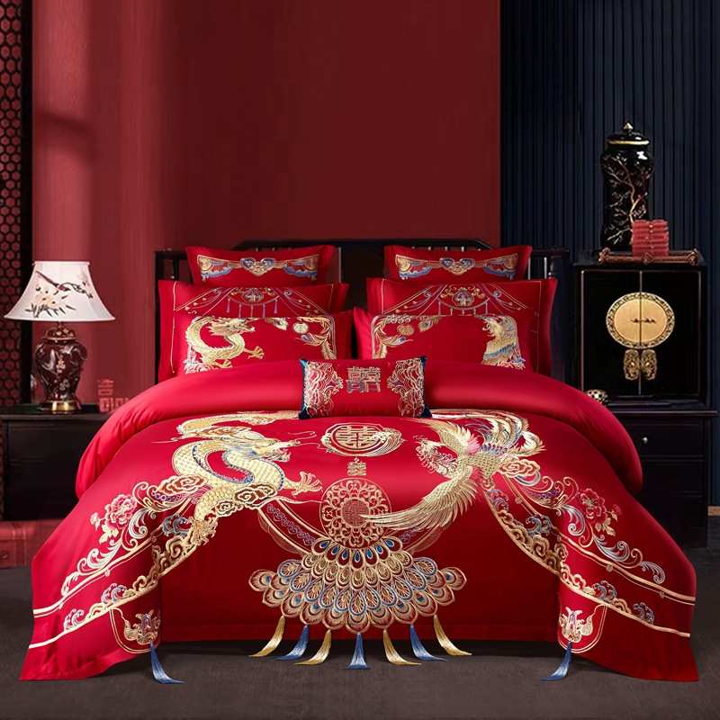 结婚高端床单件套刺绣房棉喜婚庆裸睡亲肤被套四100s龙凤多件大红
