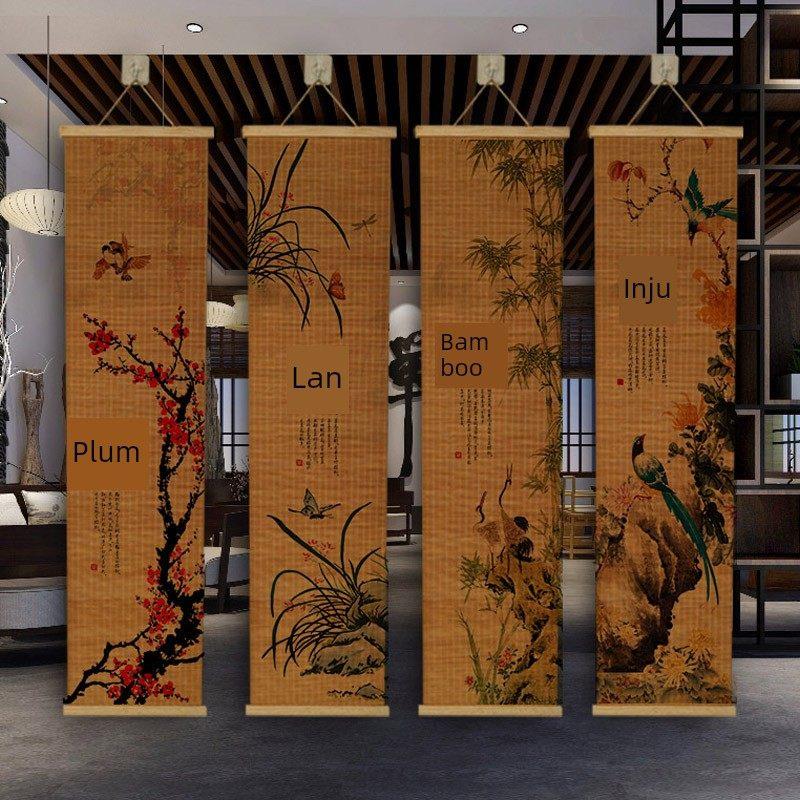 新中国风梅兰竹菊组合竹帘背景装饰画菊花梅兰竹挂画