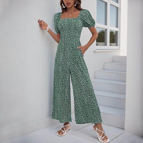 Floral Print Woven Puff Sleeve Bodycon jumpsuit Romper