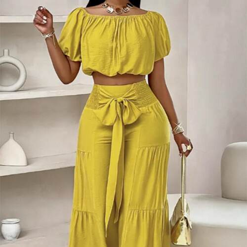 Women's Solid Off Shoulder Cropped Top & Wide Leg Pants Set