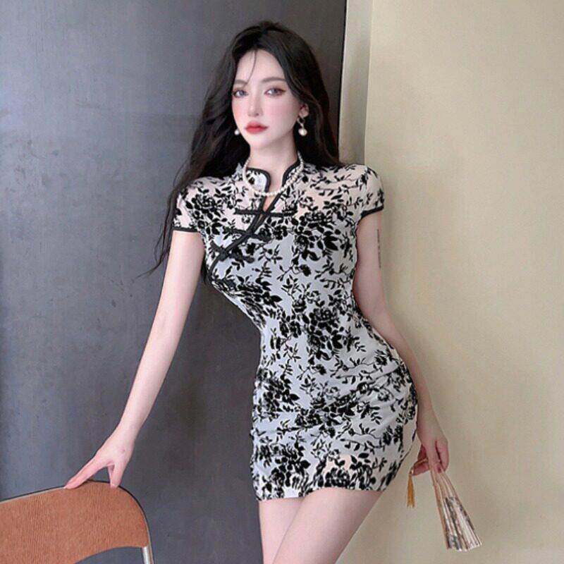 夏直播衣服女主播性感民国风改良旗袍短款复古印花气质中式连衣裙