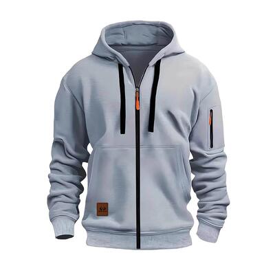 Men Casual Hooded Zipper Jacket Pockets Sleeve Fleece Coat
