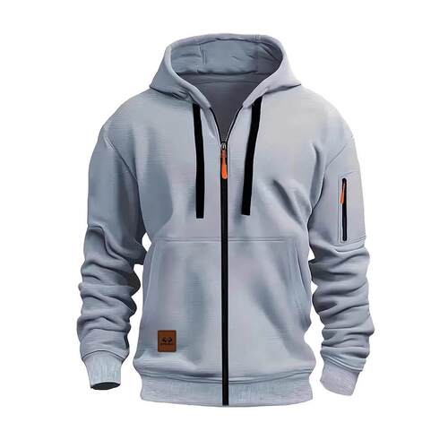 Men Casual Hooded Zipper Jacket Pockets Sleeve Fleece Coat