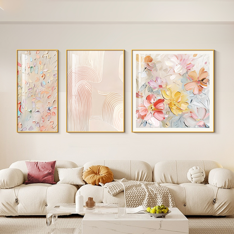 奶油风客厅大白墙装饰画抽象肌理感三联画温馨治愈系彩色花卉挂画图片