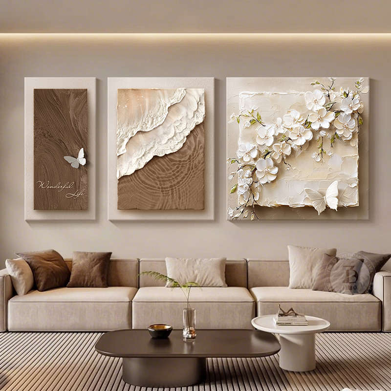 挂画白墙客厅墙轻感浮雕装饰画立体感画背景高级大奢三联沙发花卉图片