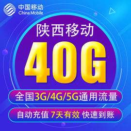 陕西移动流量充值40G 3G/4G/5G通用手机上网流量包 7天有效YD