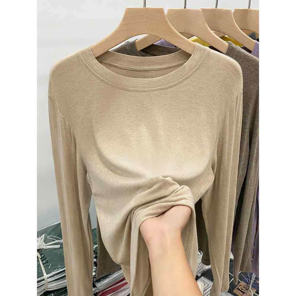 韩国羊绒面膜t秋冬2025新款宽松长袖t恤女简约内搭打底衫纯色上衣