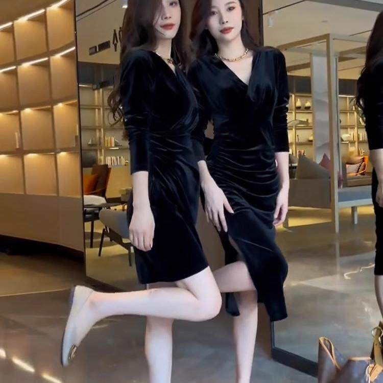 欧洲站赫本风小黑裙显身材裙子收腰金丝绒礼服v领连衣裙秋季女装