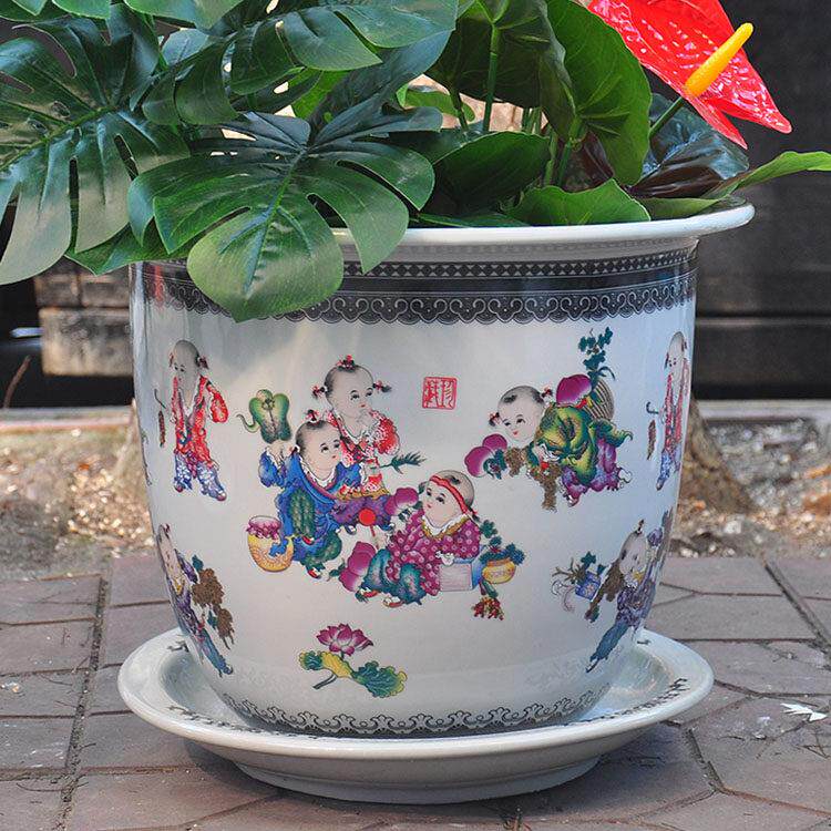 景德镇陶瓷器特大号室内花盆树盆铁树发财粉彩童子欢天喜地兰花钵