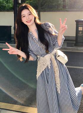 清纯白月光甜美风蓝色格子连衣裙女夏日系简约学院风小个子仙女裙