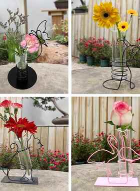 铁艺玻璃花瓶家居创意小摆件客厅插花轻奢试管花瓶