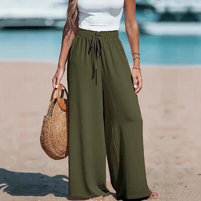Women Color Waistband Pocket Leg Pants Autumn Fashionable
